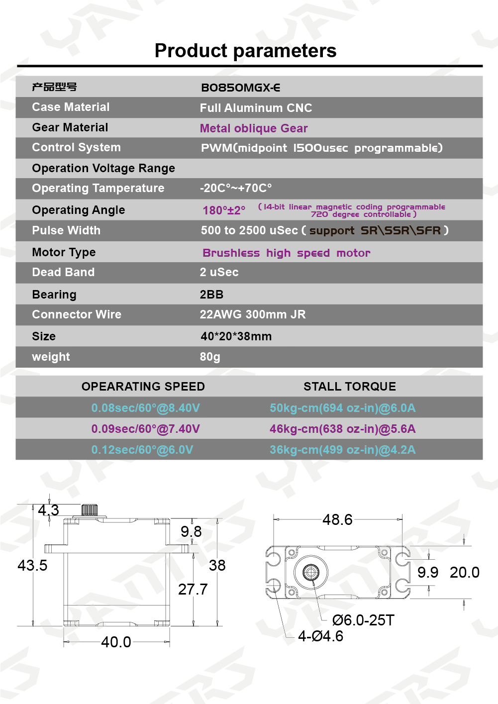 YANTRS 50KG High Speed Metal oblique Gear Direct Drive Waterproof Brushless Servo For Rc Car 1/5 1/8 1/10 Crawler Buggy(Control Angle 180°)